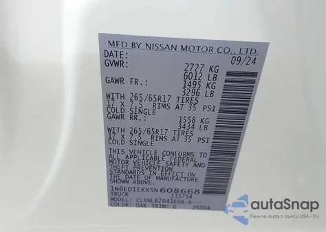 2025 Nissan Frontier Sv 4X4 from USA, damaged, VIN 1N6ED1EKXSN608668